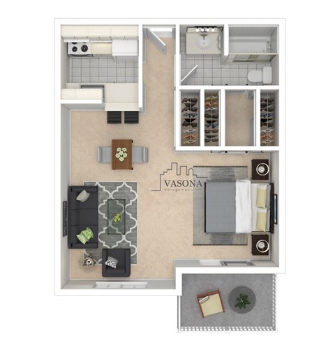 A floor plan of a home with a living room, kitchen, and bathroom.